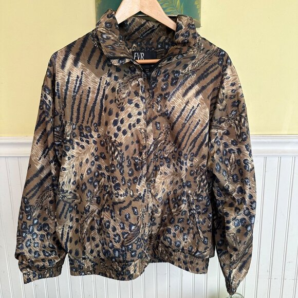 Vintage 90s EVR Leopard Print Jacket With Elastic Cuffs & Hem Size Large - Picture 1 of 6